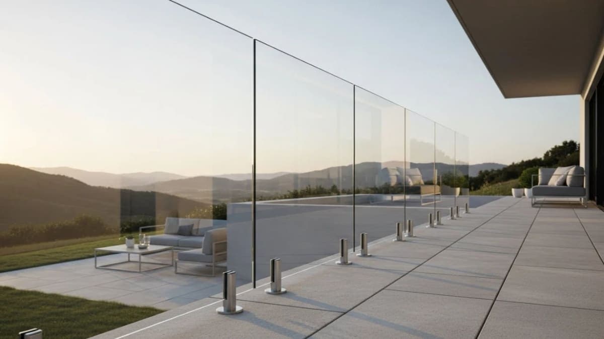 Frameless glass balcony railing on spigots